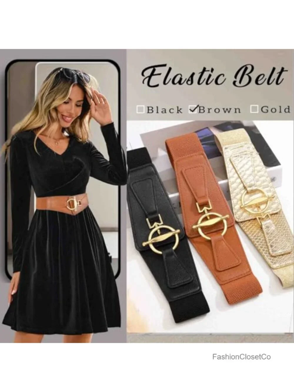 Women's Stretchy Wide Elastic Waist Belt with Gold Buckle